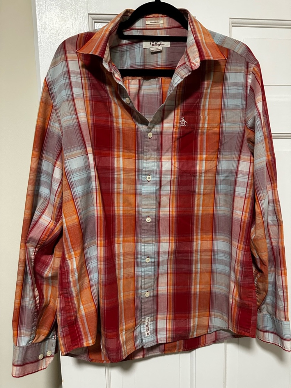 Original Penguin Orange and Red Plaid Button-Down Shirt - Men's